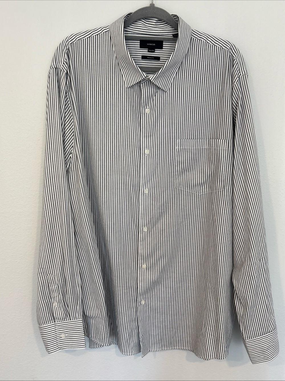 VINCE Men’s Navy Blue and White Stripe Button-Up Shirt